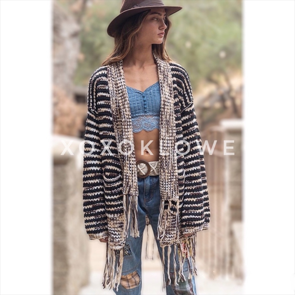 POL Brown & Tan Open Front Cardigan Tassel Fringe Relaxed Fit - Picture 3 of 11